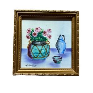 M. Angelo Tile Painting Hand Painted Still Life Framed Blue 5x5”